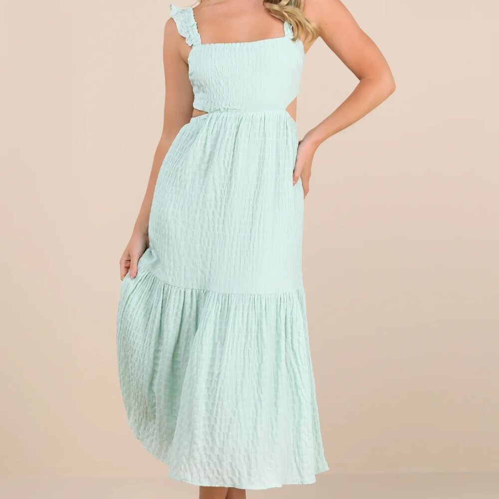 Lulus Mint Smocked Tie-Back Tiered Midi Dress, NWT